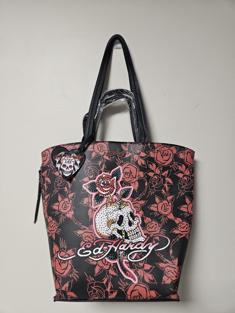 Ed Hardy Skull Rose Tote Bag Black Pink Studded Shoulder Purse Gothic Y2K
